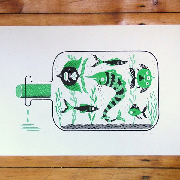 Aquarium In eine Flasche - Risograph, Riso, Kunst, Druck