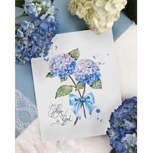 Pintura de hortensias en acuarela, cita bíblica, citas inspiradoras sobre la fe, flores pintadas a mano, descarga digital, regalo.
