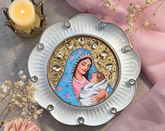 Maagd Maria en baby Jezus Handgemaakte kunstwerken/pictogram met kristallen en parels 5 x 5 inch, ingelijste kunst, op geloof geïnspireerd cadeau, christelijk interieur