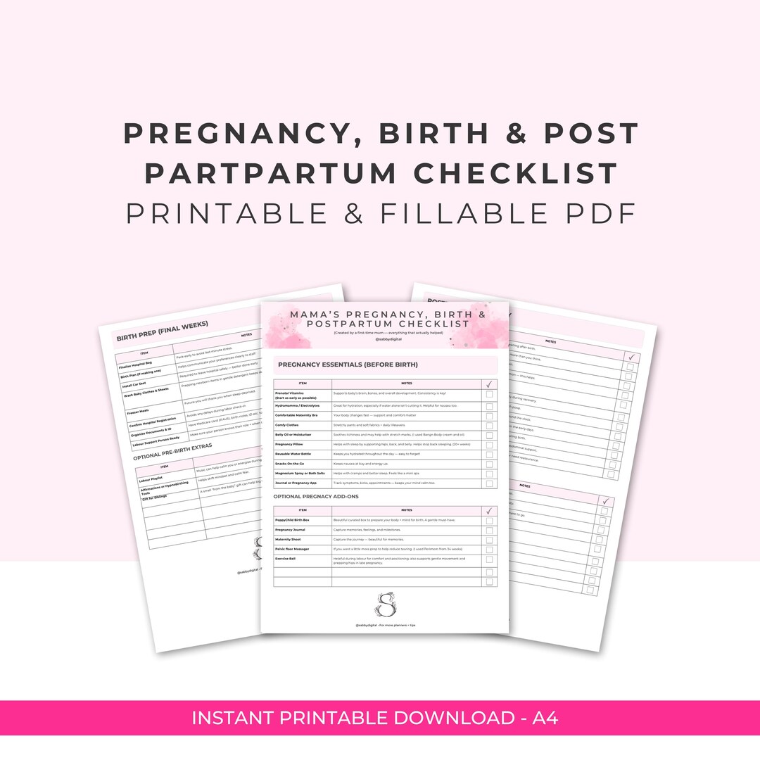 Pregnancy and Postpartum Prep Checklist | Printable or Fillable Planner ...