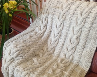 Ready-Made Knit Afghan---V CABLES in OFF WHITE