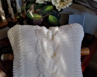 Ready-Made Knit Pillow ---V CABLES in CHUNKY WHITE  (16in)