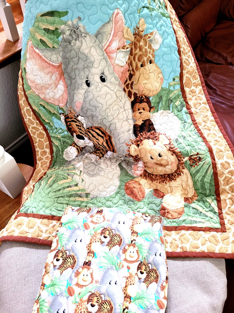 Quilted Jungle Friends Baby Blanket with Jungle Animals Backing image 4