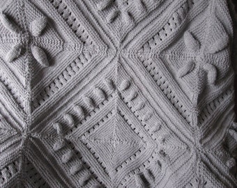 Ready-Made Knit Afghan---SCULPTURED BLOCK pattern in silver grey