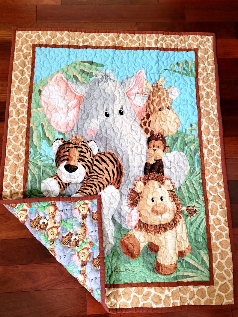 Quilted Jungle Friends Baby Blanket with Jungle Animals Backing image 5