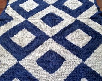 Ready-Made Knit Afghan---------------- DIAMOND BLOCK pattern in white and blue