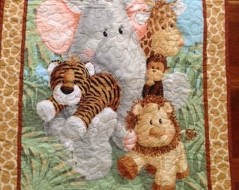 Quilted Jungle Friends Baby Blanket with Jungle Animals Backing