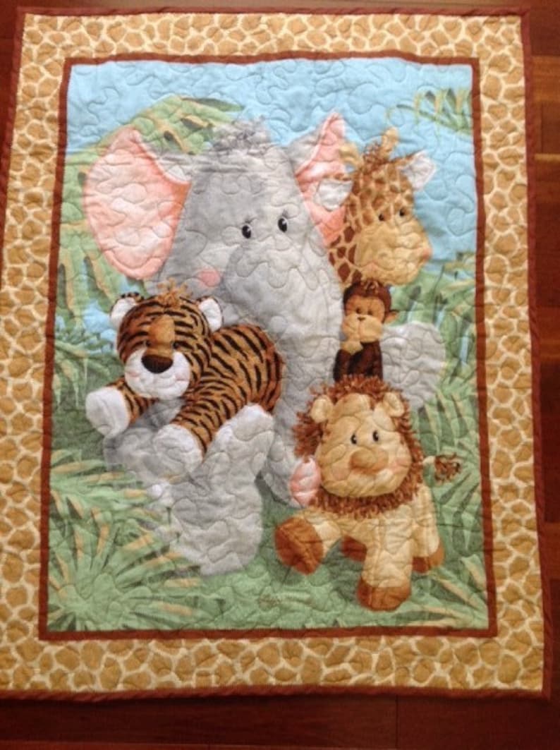 Quilted Jungle Friends Baby Blanket with Jungle Animals Backing image 1