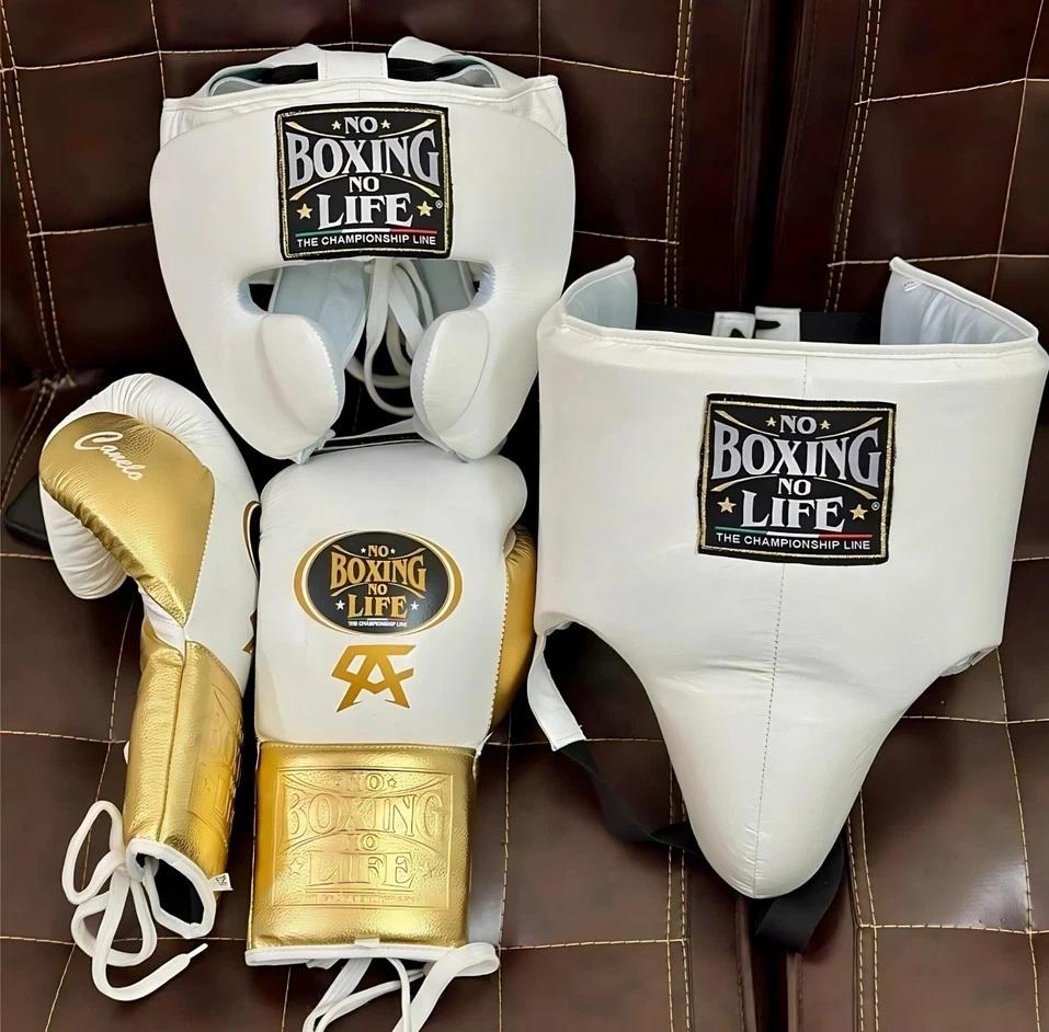 No Boxing No Life Boxing Leather Boxing Set - Lace Up Gloves, Cheek Bar Head Guard & Groin Protector Cup - White And Gold