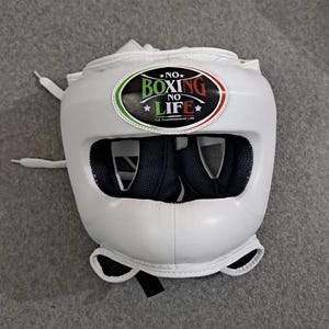 Könnte beinhalten: Weißer Boxkopfschutz mit dem Text "NO BOXING NO LIFE" in einem kreisförmigen Emblem. Der Kopfschutz hat einen schwarzen Mesh-Augen- und Ohrenschutz sowie verstellbare Riemen. Der Kopfschutz dient zum Schutz des Kopfes beim Boxen.