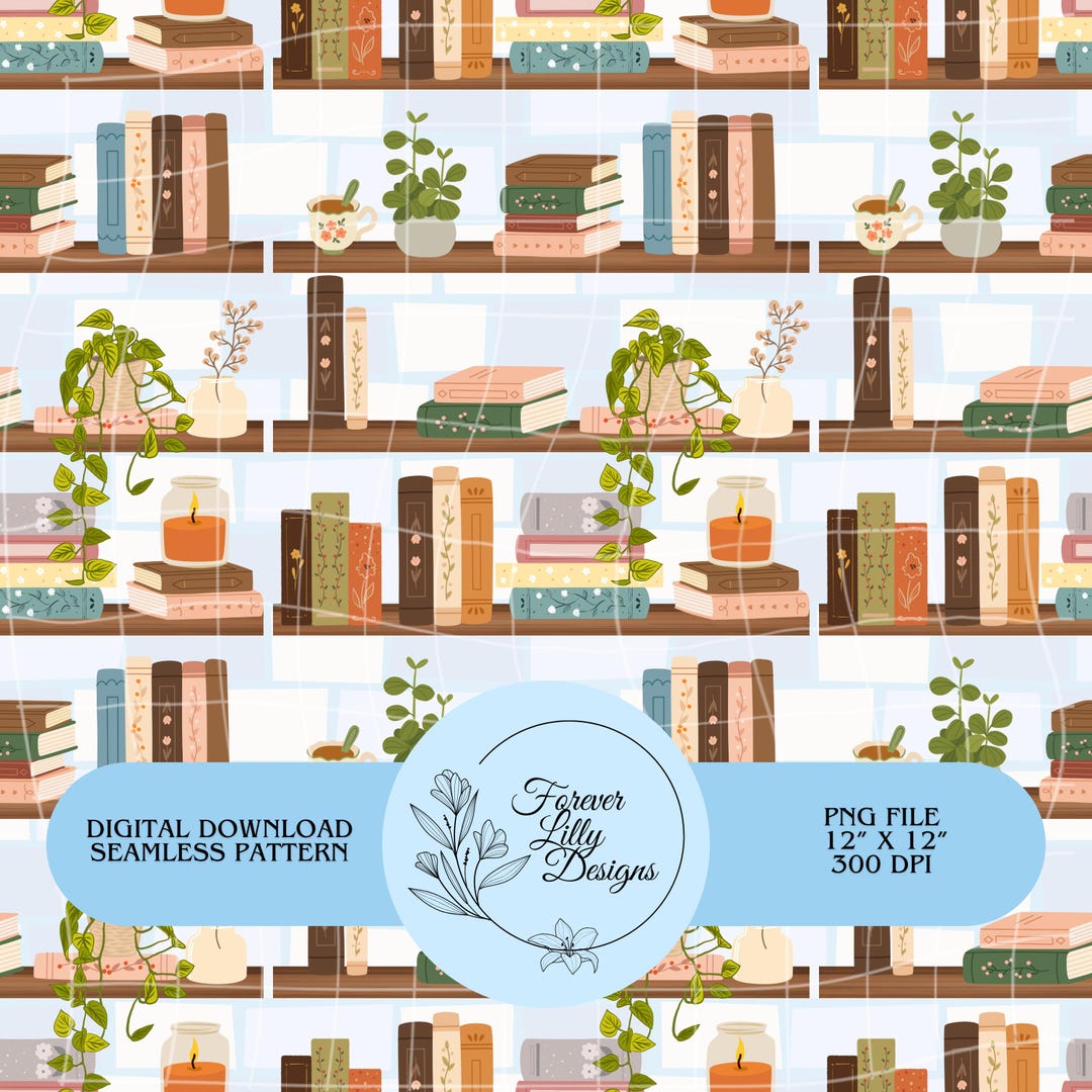 Bookshelf Seamless Pattern | Cottagecore Books & Plants Digital Paper ...