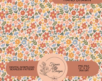 Perzikroze retro naadloze bloemmotief | Vintage madeliefje, png (digitale download)