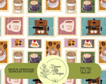 Könnte beinhalten: Ein digitales nahtloses Muster mit Illustrationen zum Thema Kaffee. Das Design umfasst Kaffeetassen, Kaffeemaschinen, Kekse und Kaffeebohnen, alles in postwertzeichenartigen Rahmen. Die Farbpalette umfasst Brauntöne, Lila und Türkis.
