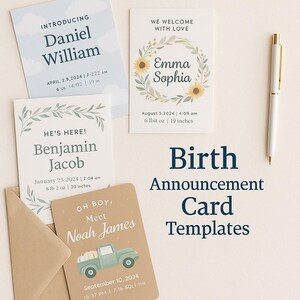Puede incluir: Plantillas de tarjetas de anuncio de nacimiento con nombres de bebés y detalles de nacimiento. Los diseños incluyen una tarjeta azul con nubes, una tarjeta con una corona floral y una tarjeta con un camión. Medidas en cm y kg.