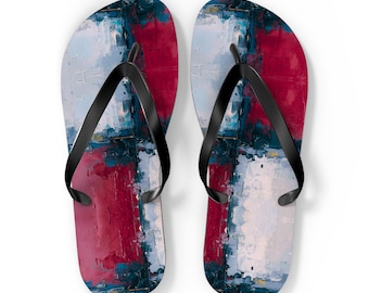 Chanclas abstractas rojas y azules con pinceladas / Sandalias de playa con arte pintado