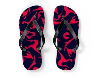 Red Abstract Camouflage Flip Flops | Navy Pink Beach Sandals