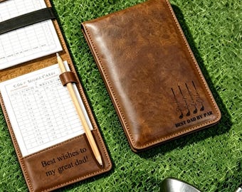 Personalisierter Golf-Scorekartenhalter aus Leder, individuell graviertes Golf-Scorebuch aus echtem Leder, Golfgeschenk, personalisierte Golf-Scorekarte