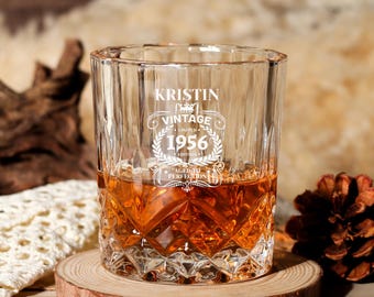 1955 Vintage Etched Whiskey Glass, 70th Birthday Gift