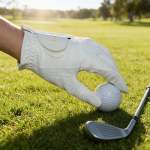 Puede incluir: Guante de golf blanco con las iniciales "JT" en dorado, sosteniendo una pelota de golf en un campo verde. Un palo de golf está en primer plano. El guante tiene pequeñas perforaciones.