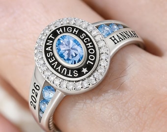 Anillo de graduación universitario personalizado, anillo de graduación personalizado con piedra natal, recuerdo de graduación para amigos, compañeros de clase y graduados, anillos de graduación para mujeres.