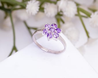 Amethyst Flower Ring, Purple Gemstone Ring, Sterling Silver Floral Ring, February Birthstone Ring, Handmade Gift For Her, Flower Ring