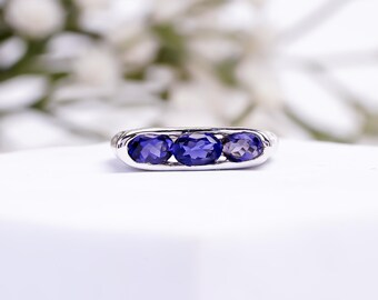 925 Natural Oval Cut Gemstone 3-Stone Ring, Unique Engagement or Statement Ring, Birthday Gift for Her, Handmade December Birthstone