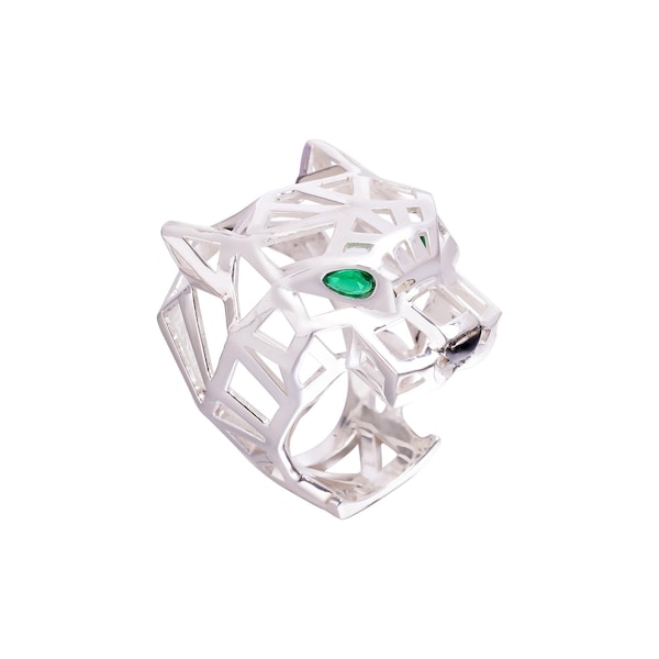 Geometric Panther Ring, Emerald Stone Ring, Handmade Silver Animal Ring, Statement Jewelry For All, Bold Panther Design Ring, Luxury Gift