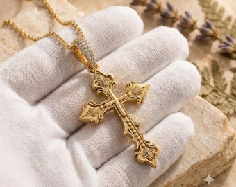 14k Gold plated Cross Pendant, Ornate Christian Cross Jewelry, Religious Pendant, Faith Jewelry, Vintage Cross Gift,birthday gift