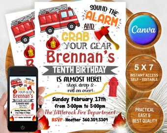 Fire Truck Birthday Invitation, Editable 5x7 Canva Template