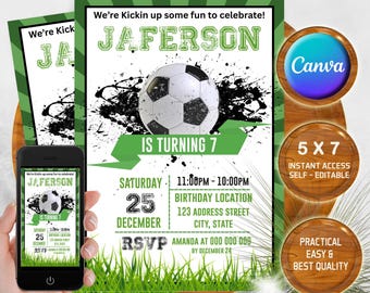 Fußball-Geburtstag, Sport-Geburtstag einladen, Fußball-Geburtstagseinladung, Sport-Party einladen, bearbeitbare Canva-Vorlage (5 x 7 in digitaler Datei)
