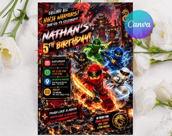 May include: A rectangular birthday invitation card featuring a dark, action-packed scene with four ninja figures in red, green, blue, and white suits. The text reads: Calling all Ninja Warriors! Join us to celebrate Nathan's 5th Birthday!
