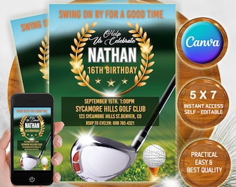 May include: A golf-themed birthday invitation with a green and gold color scheme. The invitation features a golf club, a golf ball, and the text "Swing on by for a good time." The invitation is for Nathan's 16th birthday at Sycamore Hills Golf Club.