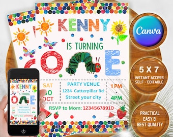 A Very Hungry Caterpillar first birthday invitation, party invitation, hungry caterpillar invite, canva editable invite