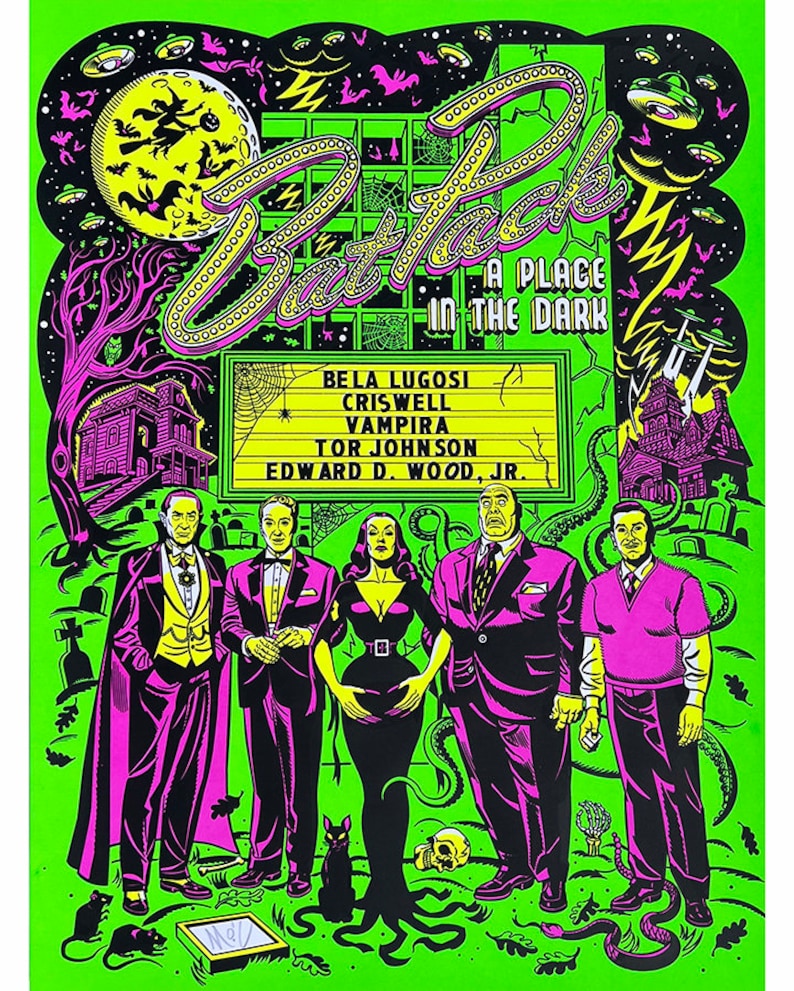 May include: A green and black poster with a retro style illustration of a haunted house, a full moon, bats, and a sign that reads "Plan 9 From Outer Space - A Place In The Dark". The poster features the names of the actors Bela Lugosi, Criswell, Vampira, Tor Johnson, and Edward D. Wood Jr.