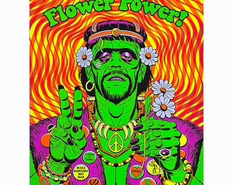 Flower Power Frankenstein Siebdruck: Groovige Neonkunst, signierte limitierte Auflage