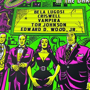 May include: A vintage movie poster with a green background featuring a marquee with the text "Plan 9 From Outer Space" and the names of the actors: Bela Lugosi, Criswell, Vampira, Tor Johnson, and Edward D. Wood Jr.