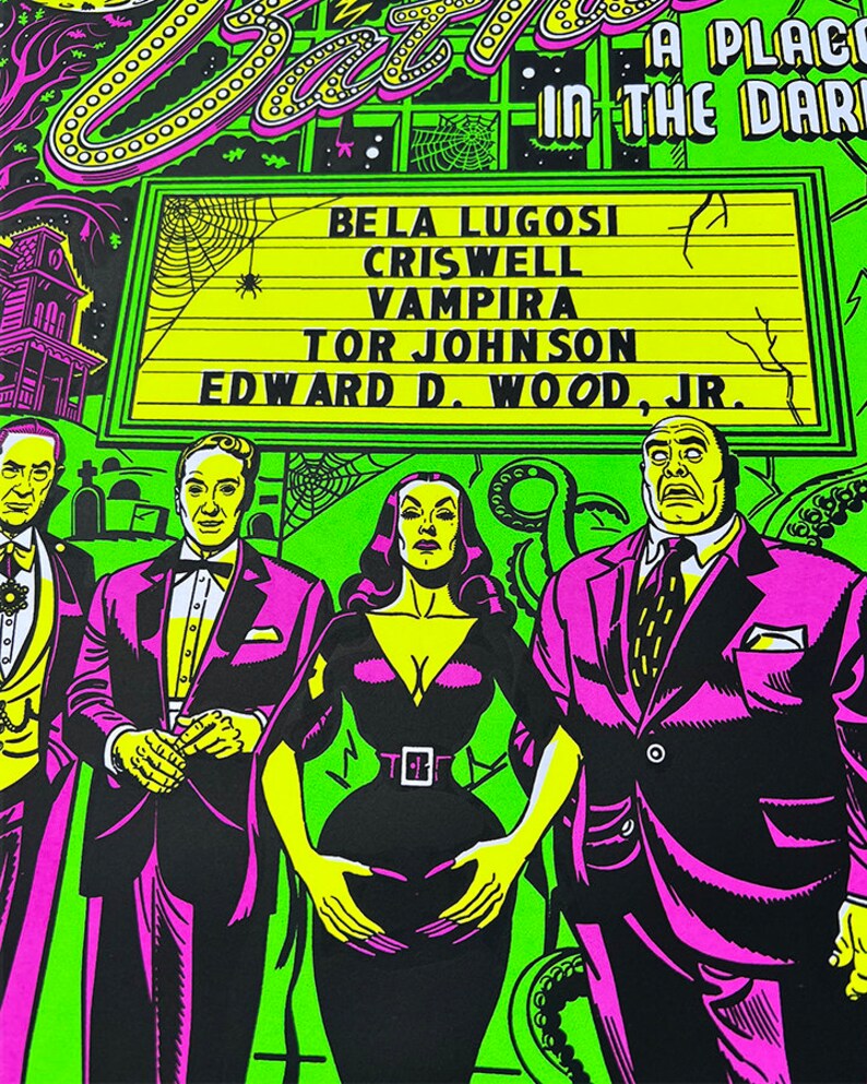 May include: A vintage movie poster with a green background featuring a marquee with the text "Plan 9 From Outer Space" and the names of the actors: Bela Lugosi, Criswell, Vampira, Tor Johnson, and Edward D. Wood Jr.