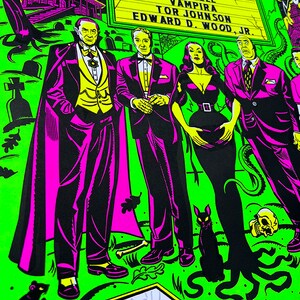 May include: A vintage movie poster with a green background featuring a group of actors in black and white costumes. The poster is titled "In the Dark" and features the names Bela Lugosi, Criswell, Vampira, Tor Johnson, Edward D. Wood Jr. The poster is signed in the bottom left corner.