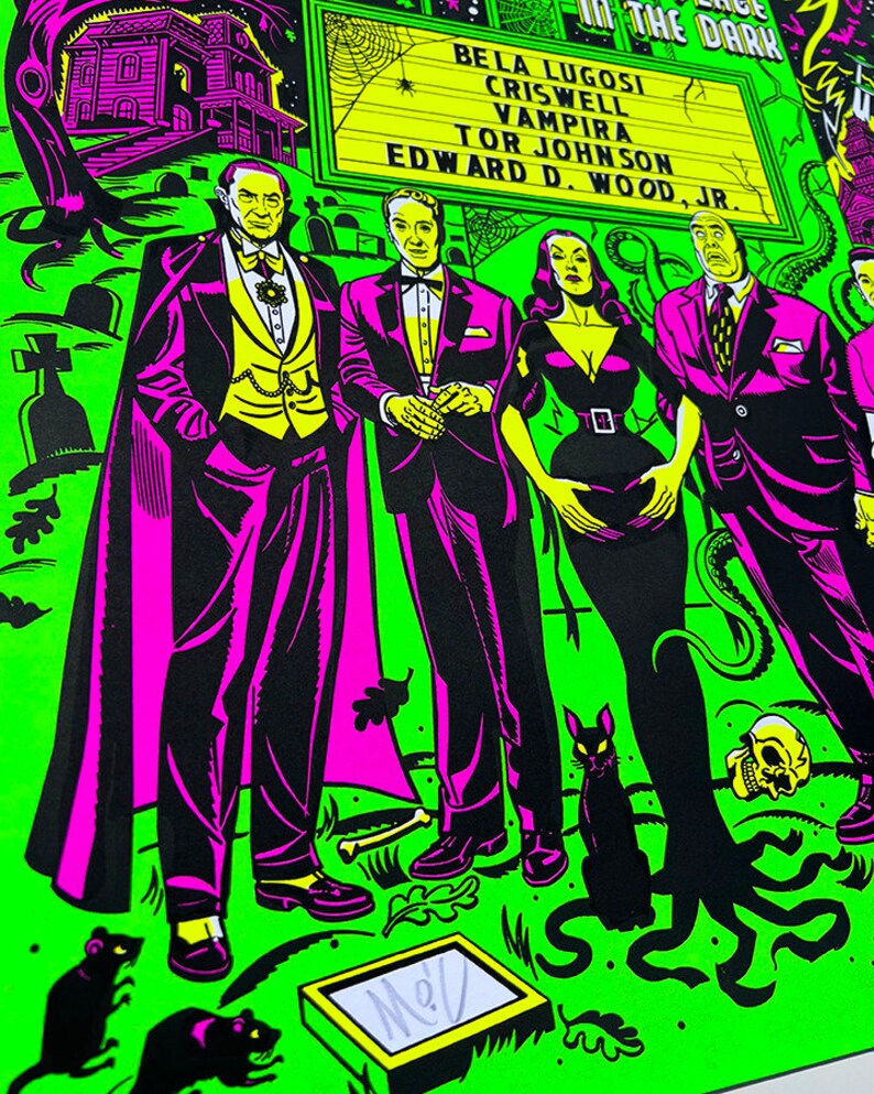 May include: A vintage movie poster with a green background featuring a group of actors in black and white costumes. The poster is titled "In the Dark" and features the names Bela Lugosi, Criswell, Vampira, Tor Johnson, Edward D. Wood Jr. The poster is signed in the bottom left corner.