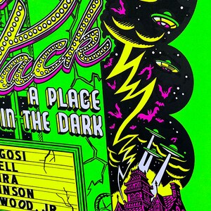 May include: A green and black illustration of a haunted house with a sign that reads "Pack's A Place In The Dark". The sign has a marquee with the names "Gosi, Ell, Ira, Inson, Wood, Jr.". There are flying saucers and bats in the sky.