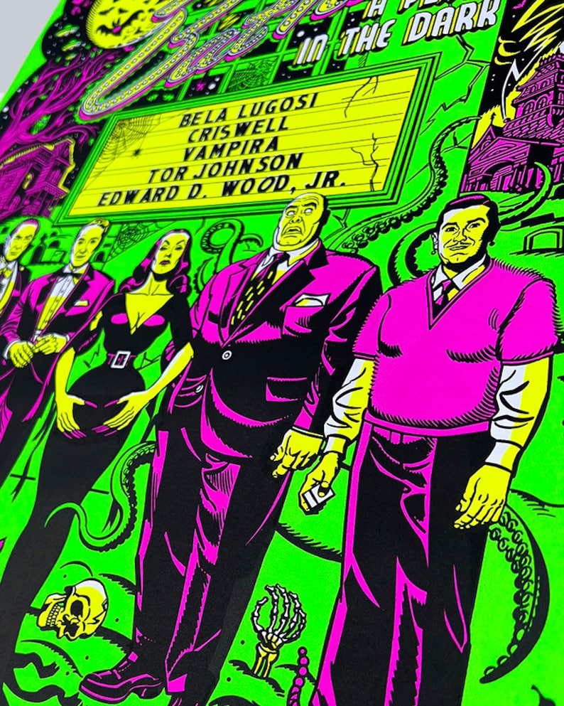 May include: A vintage movie poster with a green background featuring a group of people in black and white. The poster is for a movie called "The 0000000 in the Dark" and features the actors Bela Lugosi, Criswell, Vampira, Tor Johnson, and Edward D. Wood Jr.
