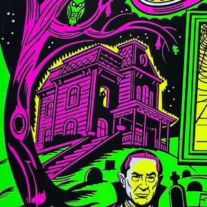 May include: A black and white illustration of a spooky house with a vampire in front of it. The house is pink and yellow and has a porch. The vampire is wearing a black suit and a white bow tie. The background is green and black.