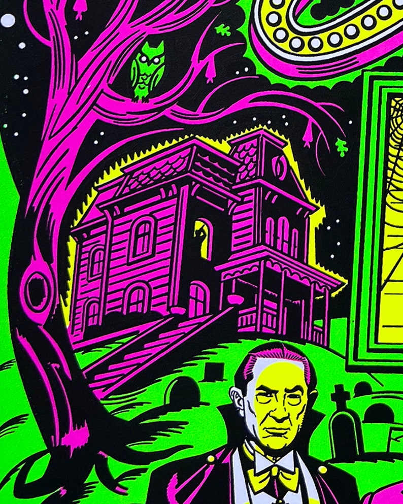 May include: A black and white illustration of a spooky house with a vampire in front of it. The house is pink and yellow and has a porch. The vampire is wearing a black suit and a white bow tie. The background is green and black.