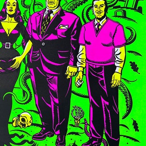 May include: A black and white illustration of three people standing in front of a green background with snakes and skulls. The text "D. WOOD, JR." is visible at the top of the image.