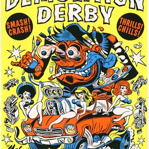 以下が含まれることがあります： 黄色いポスターに、車を手にしたモンスターの漫画イラストが描かれている。ポスターは「アートカーデモリションダービー」イベントを宣伝している。ポスターのテキストには「スマッシュ！クラッシュ！」と「スリル！チル！」と書かれている。イベントは2019年5月3日（金）にアイオワ州のダビューク郡フェアグラウンドで開催される予定だ。
