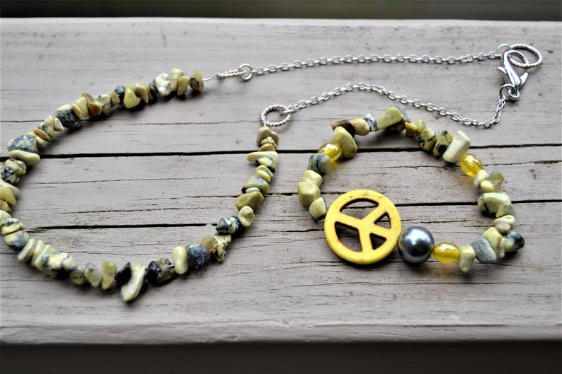 YELLOW PEACE SIGN Necklace Bracelet Set Yellow Turquoise Peace Bracelet Hippie Jewelry