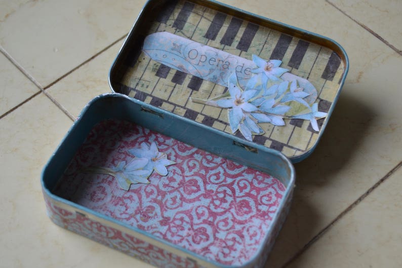 DECOUPAGED ALTOID TIN Upcycled Tin Box Pale Blue Rose and Etsy