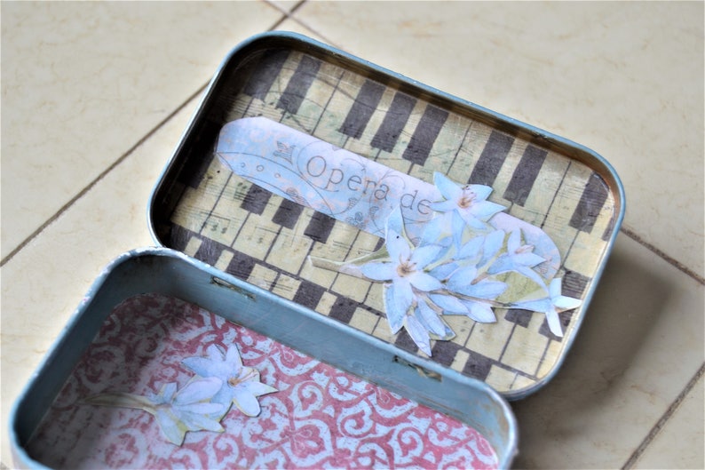 DECOUPAGED ALTOID TIN Upcycled Tin Box Pale Blue Rose and Etsy