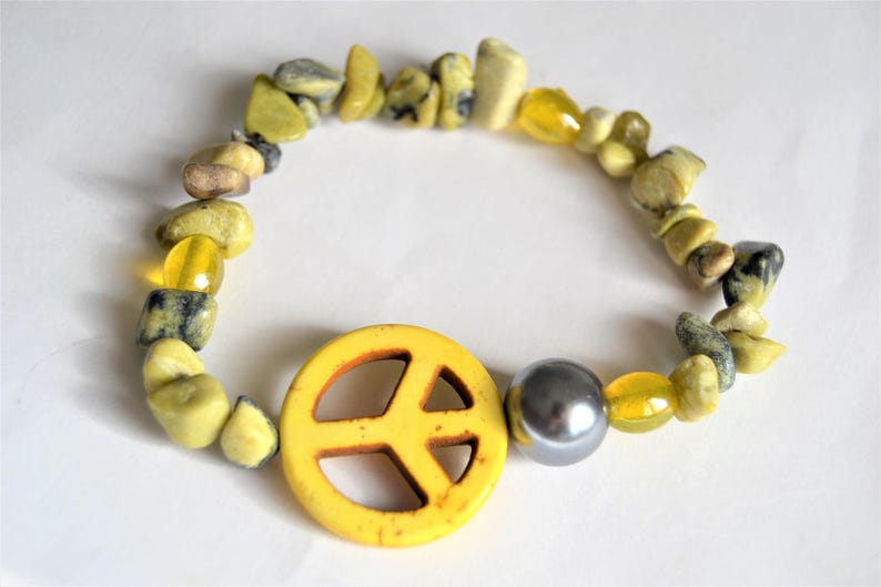YELLOW PEACE SIGN Necklace Bracelet Set Yellow Turquoise Peace Bracelet Hippie Jewelry