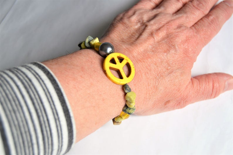 YELLOW PEACE SIGN Necklace Bracelet Set Yellow Turquoise Peace Bracelet Hippie Jewelry
